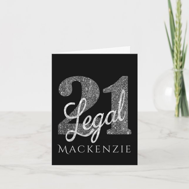Tarjeta 21 y legal | Silver Faux Purpurina 21º cumpleaños (Anverso)