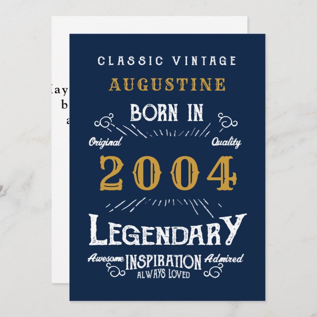 Tarjeta 21er cumpleaños Nacido 2004 Legend Blue Gold Greet (Anverso / Reverso)