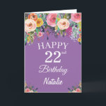 Tarjeta 22.ª acuarela Flores florales moradas<br><div class="desc">22.ª acuarela Floral Flora Púrpura con nombre y edad personalizados. Para una mayor personalización,  haga clic en el botón "Personalizar" y utilice nuestra herramienta de diseño para modificar esta plantilla.</div>