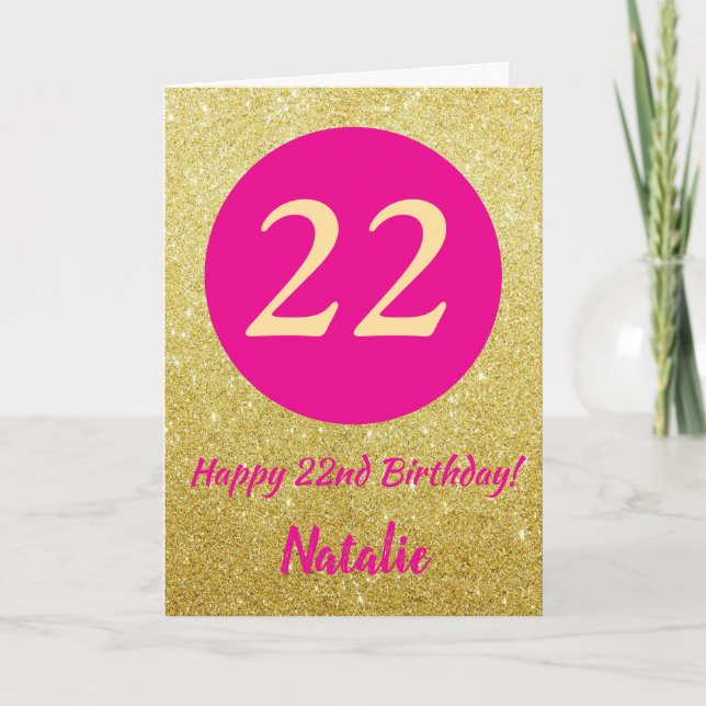 Tarjeta 22.ª feliz cumpleaños Purpurina de oro y rosado ca (Anverso)