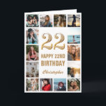 Tarjeta 22.º Collage de fotos blanco y oro feliz cumpleaño<br><div class="desc">Tarjeta de cumpleaños 22 Feliz Cumpleaños de Oro y Collage de fotos Blanco. Para una mayor personalización,  haga clic en el botón "Personalizar" y utilice nuestra herramienta de diseño para modificar esta plantilla.</div>