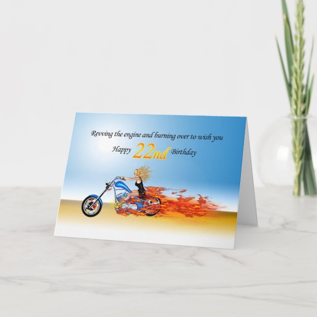 Tarjeta 22.º cumpleaños con una motocicleta flamante (Anverso)