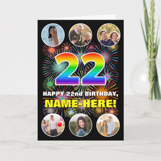Tarjeta 22.º cumpleaños: Divertido arcoiris #, nombre pers (Anverso)
