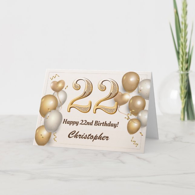 Tarjeta 22.º cumpleaños Globos de oro y cumpleaños de Conf (Anverso)