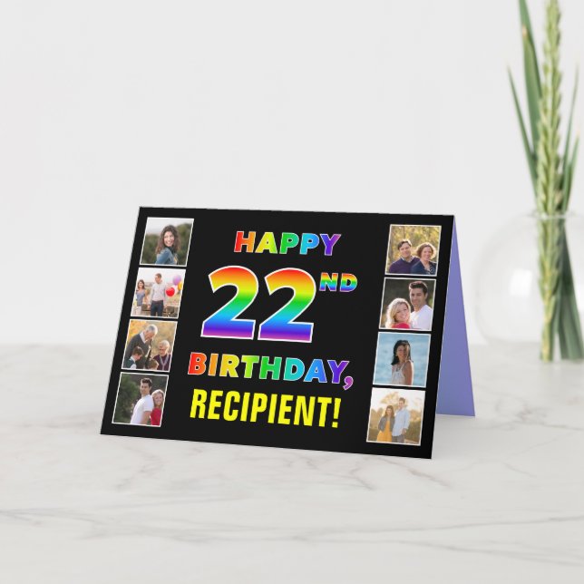 Tarjeta 22.º cumpleaños: texto arcoiris, fotos y nombre de (Anverso)