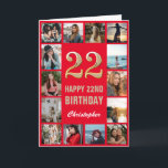 Tarjeta 22.º feliz cumpleaños Collage de fotos rojo y oro<br><div class="desc">Tarjeta de cumpleaños 22 Feliz Cumpleaños Red y Gold Collage de fotos. Para una mayor personalización,  haga clic en el botón "Personalizar" y utilice nuestra herramienta de diseño para modificar esta plantilla.</div>