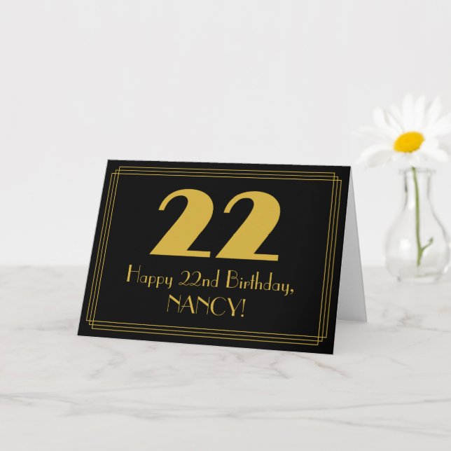 Tarjeta 22 cumpleaños: Look inspirado en Art Deco "22" y n (Planta pequeña)