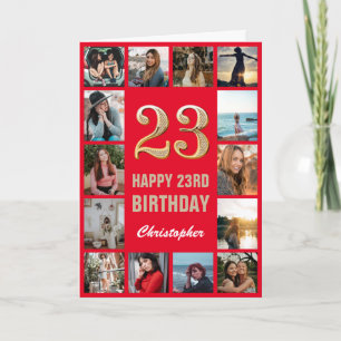 Tarjeta 23.ª feliz cumpleaños Collage de fotos rojo y oro