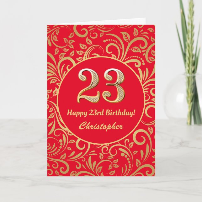 Tarjeta 23.º Patrón Floral Rojo y Dorado (Anverso)