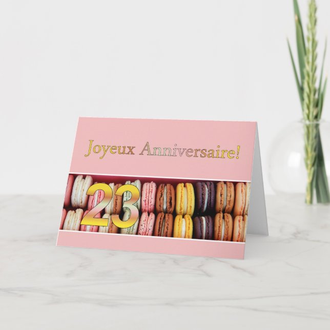 Tarjeta ¡23 Aniversario del cumpleaños francés Macaron-Joy (Anverso)