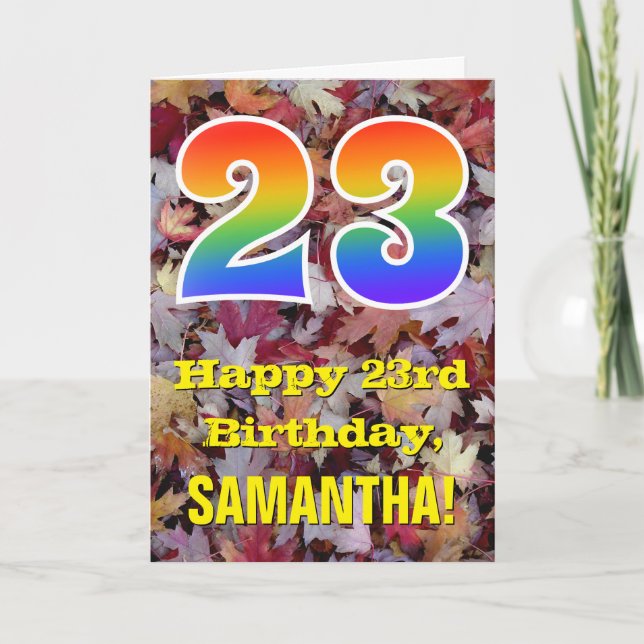 Tarjeta 23 cumpleaños; hojas de otoño rústicas; arco iris  (Anverso)