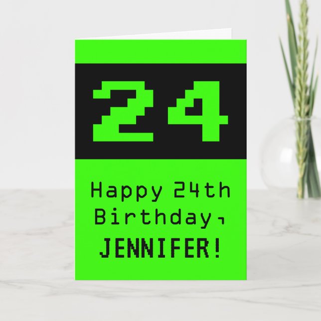 Tarjeta 24º cumpleaños: Nerdy / Geeky Style "24" y nombre (Anverso)