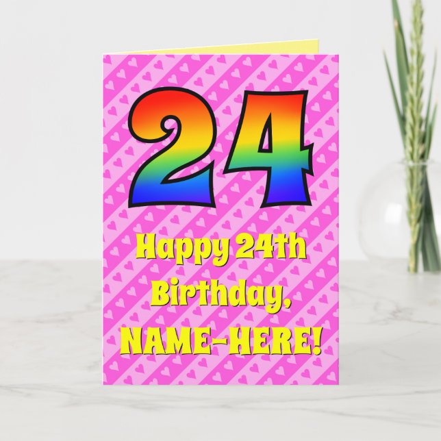 Tarjeta 24º cumpleaños: Rayas y corazones rosados, arcoiri (Anverso)