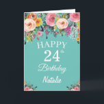 Tarjeta 24.ª acuarela Flores florales Verde azuladas<br><div class="desc">Tarjeta Verde azulada de Flores Florales en acuarela con nombre y edad personalizados. Para una mayor personalización,  haga clic en el botón "Personalizar" y utilice nuestra herramienta de diseño para modificar esta plantilla.</div>