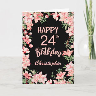 Tarjeta 24.º cumpleaños color de agua rosa Floral negro