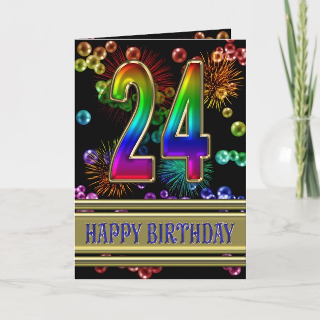 Tarjeta 24.º cumpleaños con burbujas de arcoiris y fuegos  (Anverso)