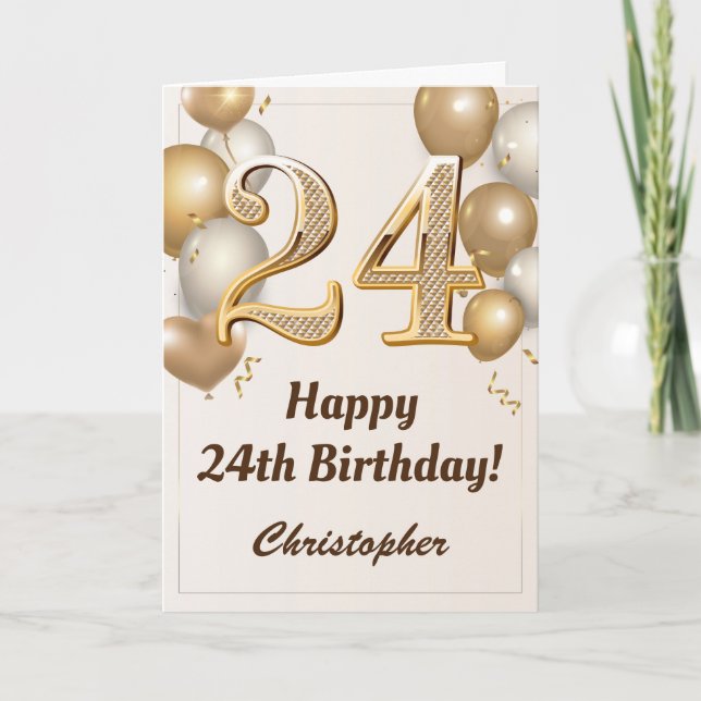 Tarjeta 24.º cumpleaños Globos de oro y cumpleaños de Conf (Anverso)