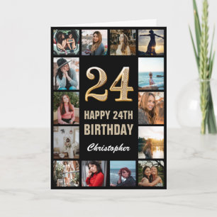 Tarjeta 24.º feliz cumpleaños Collage de fotos negro y oro