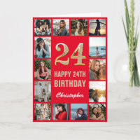 24.º feliz cumpleaños Collage de fotos rojo y oro