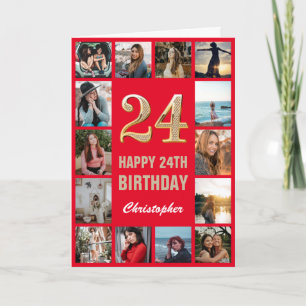 Tarjeta 24.º feliz cumpleaños Collage de fotos rojo y oro