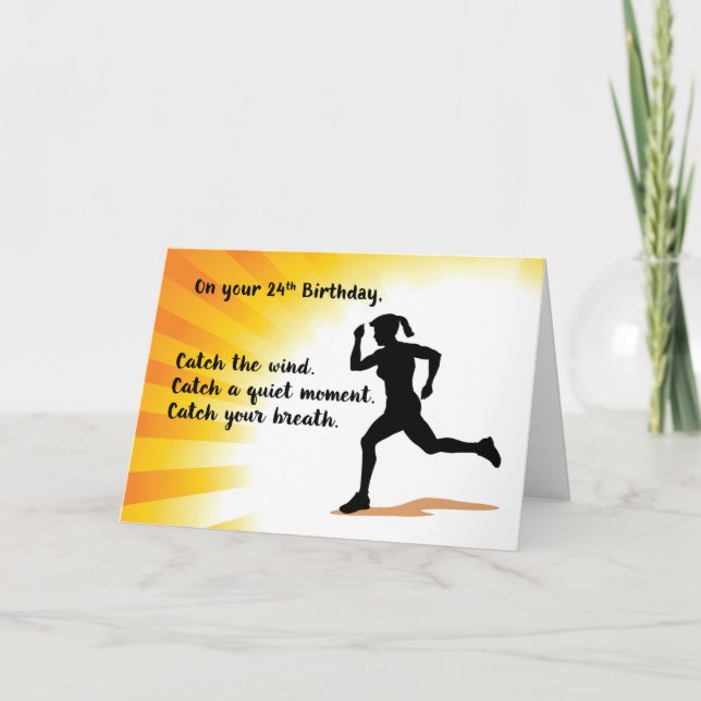 Tarjeta 24 Aniversario Mujer Corriendo Fondo Del Sol (Anverso)
