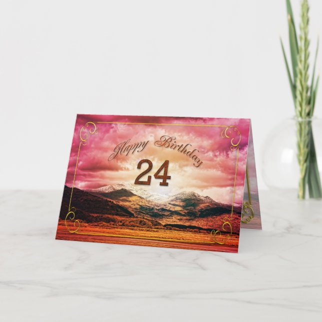 Tarjeta 24 cumpleaños, atardecer sobre las montañas (Anverso)