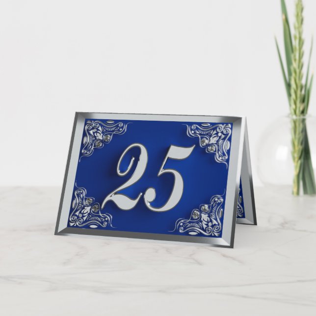 Tarjeta 25º cumpleaños o aniversario Regal Silver Azul (Anverso)