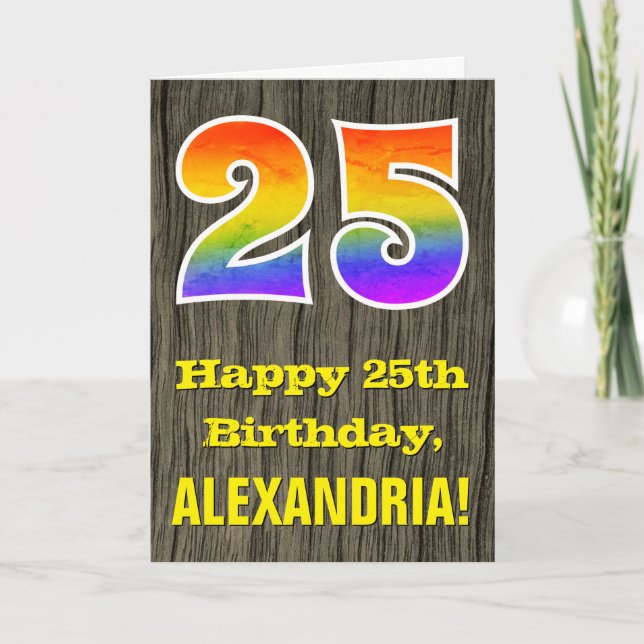 Tarjeta 25º cumpleaños: Rústica apariencia de madera falsa (Anverso)