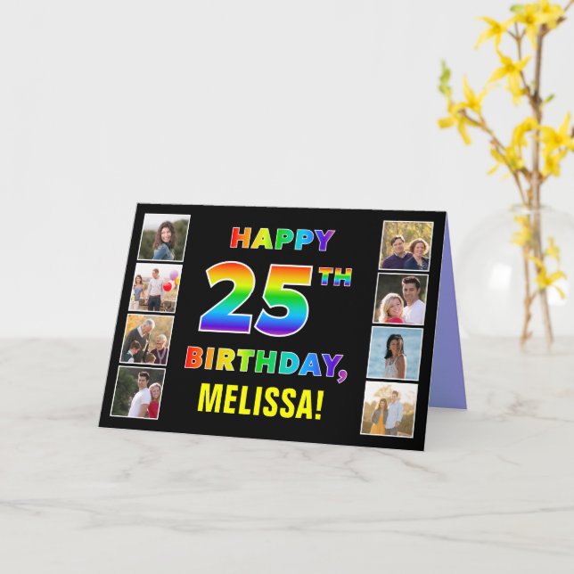 Tarjeta 25º cumpleaños: texto arcoiris, fotos y nombre de  (flor amarilla)