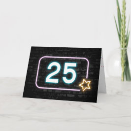 Tarjeta 25.º cumpleaños Rótulo Neón en la pared de ladrill