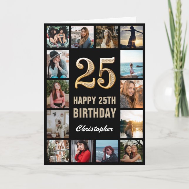 Tarjeta 25.º feliz cumpleaños Collage de fotos negro y oro (Anverso)