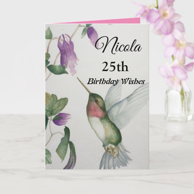 Tarjeta 25.º Hummingbird Deseos de Cumpleaños (Orquídea)