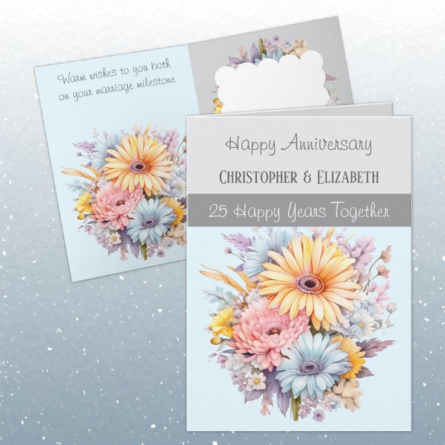 Tarjeta 25° Aniversario de Plata flores azul gris (Subido por el creador)