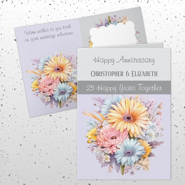 Tarjeta 25° Aniversario de Plata flores morado gris (Subido por el creador)