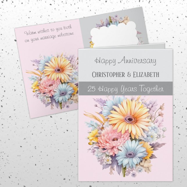 Tarjeta 25° Aniversario de Plata flores rosa gris (Subido por el creador)