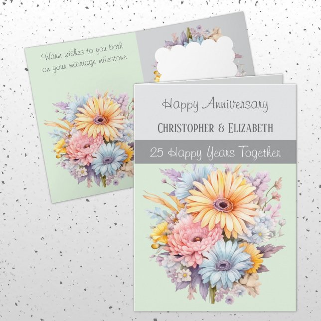 Tarjeta 25° Aniversario de Plata flores verdes grises (Subido por el creador)