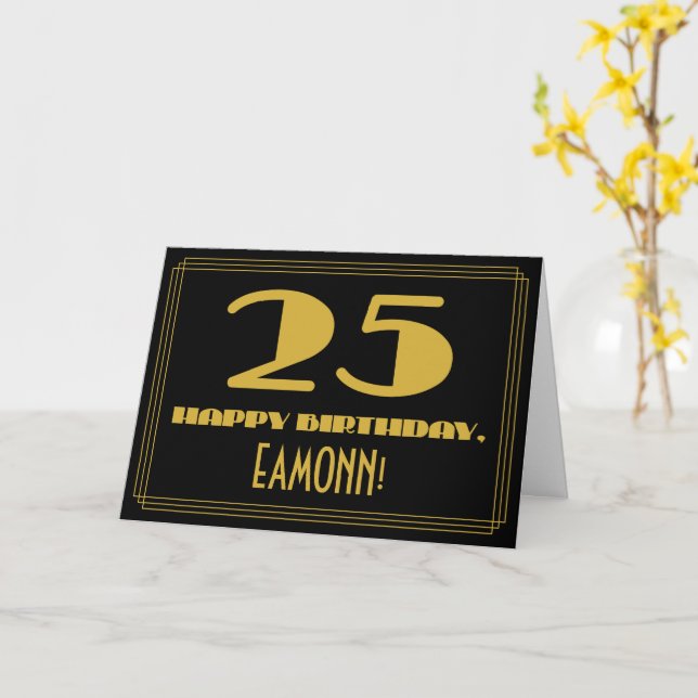 Tarjeta 25 Aniversario: Nombre + Art Deco Inspirado Aspect (flor amarilla)
