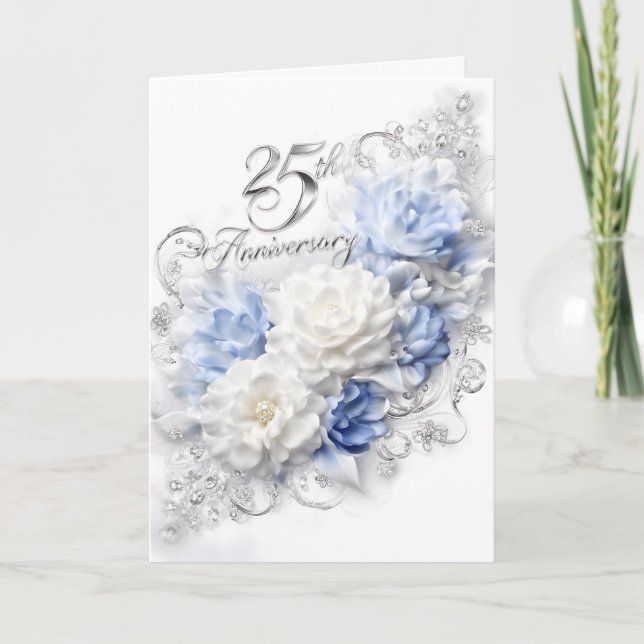 Tarjeta 25th Wedding Anniversary in Silver and Blue (Anverso)