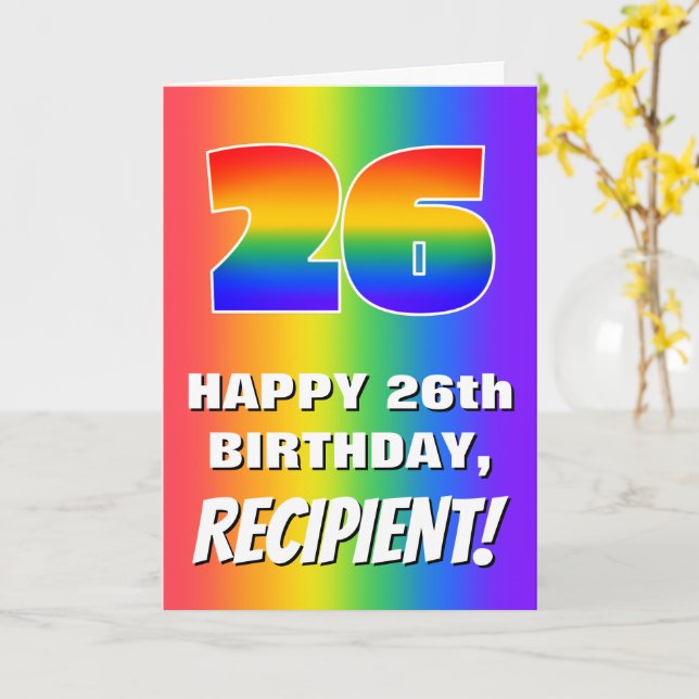 Tarjeta 26º cumpleaños: Colorido, divertido patrón arcoiri (flor amarilla)