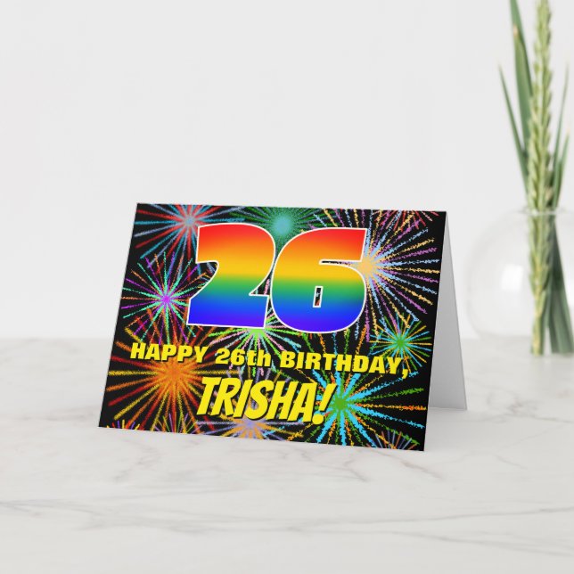 Tarjeta 26º cumpleaños: Fuegos artificiales divertidos y c (Anverso)