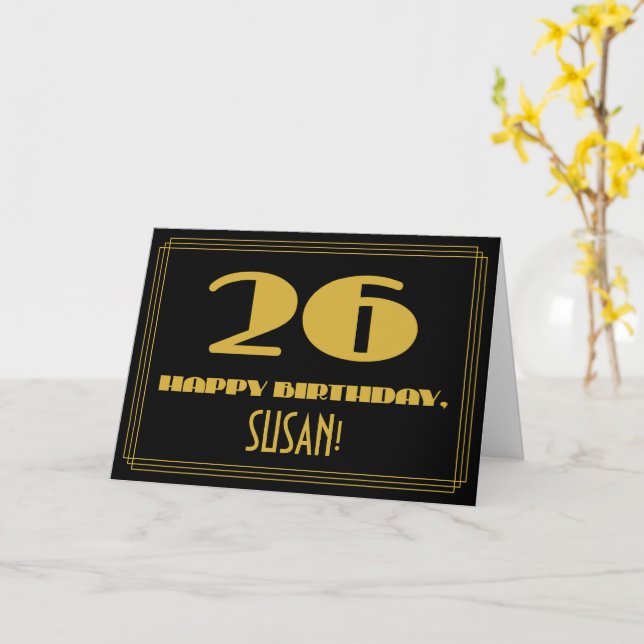 Tarjeta 26º cumpleaños: Nombre + Art Deco Inspirado Aspect (flor amarilla)