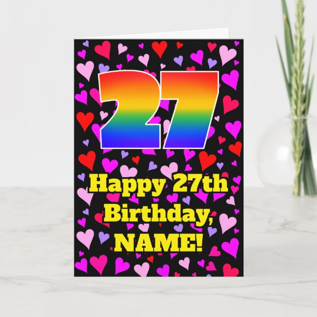 Tarjeta 27º cumpleaños: Patrón de corazones amorosos, arco (Anverso)