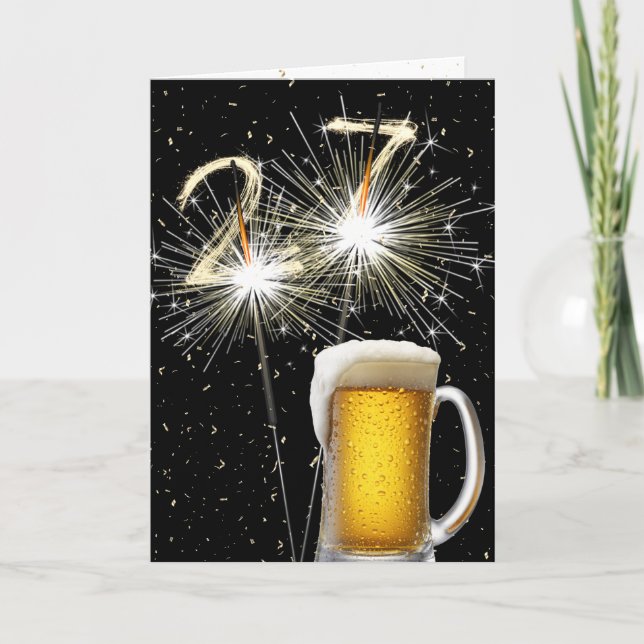 Tarjeta 27.º Cumpleaños Espumosos Con Mug De Cerveza (Anverso)