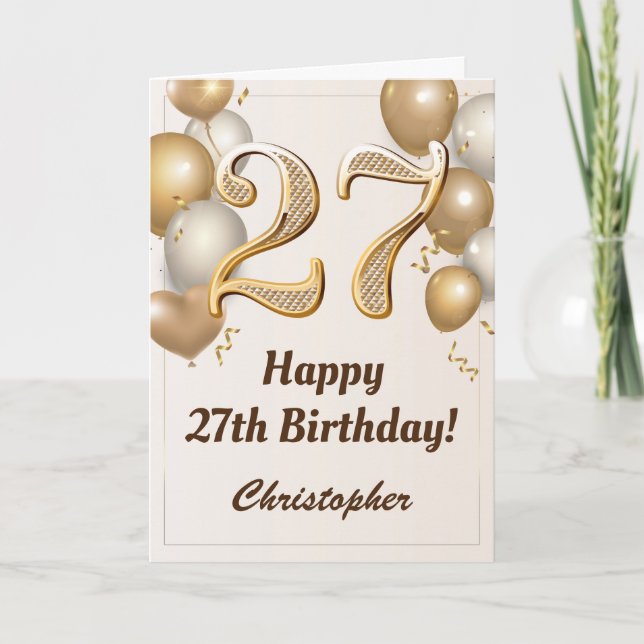 Tarjeta 27.º cumpleaños Globos de oro y cumpleaños de Conf (Anverso)