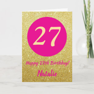 Tarjeta 27.º feliz cumpleaños Purpurina de oro y rosado ca