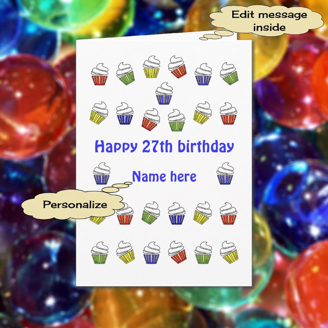 Tarjeta 27.º nombre personalizado de los quequitos de cump (27 cupcakes)