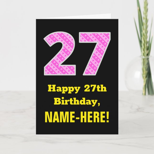 Tarjeta 27 Aniversario: Bandas y corazones rosados "27" +  (Anverso)