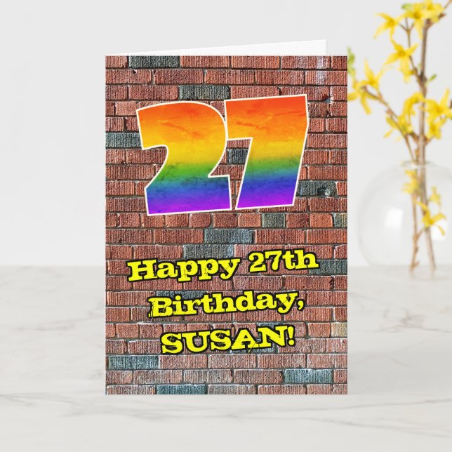Tarjeta 27° cumpleaños: Arcoiris inspirado en graffiti div (flor amarilla)