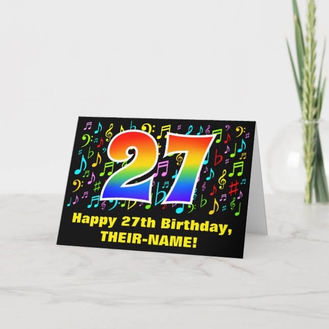 Tarjeta 27° cumpleaños: Coloridos símbolos musicales y arc (Anverso)