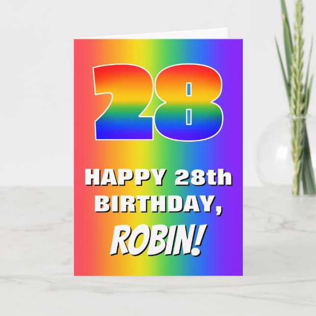 Tarjeta 28º cumpleaños: Colorido, divertido patrón arcoiri (Anverso)